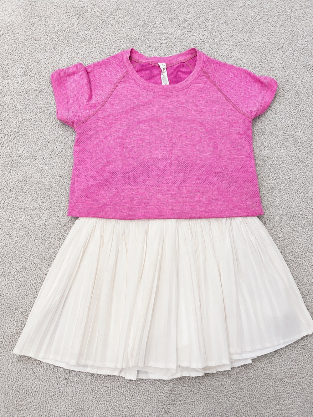 lululemon athletica Hot Pink Short Sleeve Top with White Pleated Skirt
